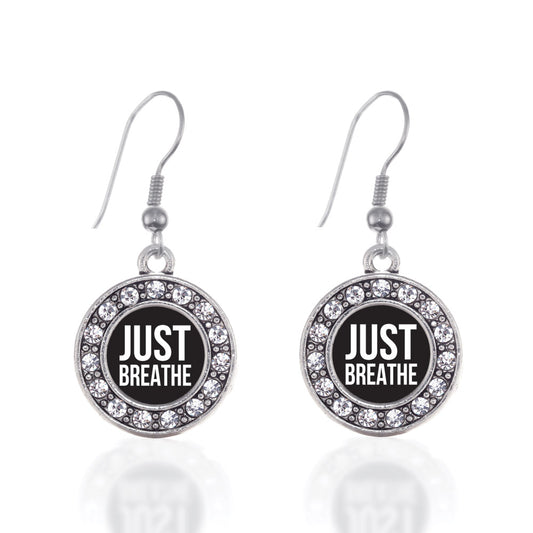 Silver Just Breathe Black Circle Charm Dangle Earrings