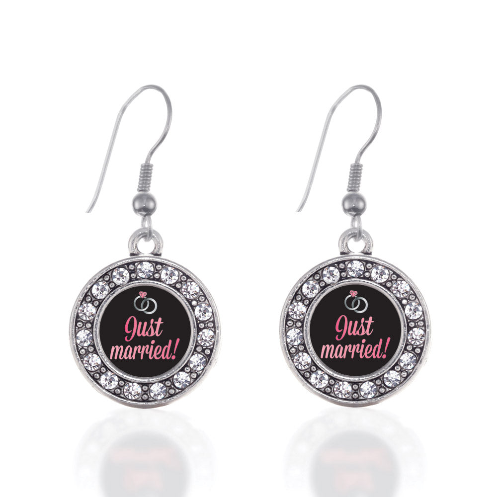 Silver Just Married Circle Charm Dangle Earrings