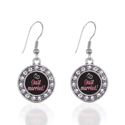 Silver Just Married Circle Charm Dangle Earrings