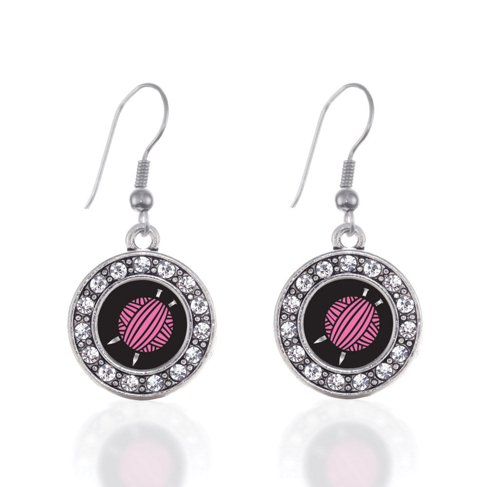 Silver Knitting Needles Circle Charm Dangle Earrings