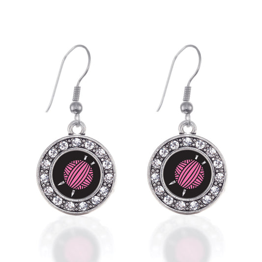 Silver Knitting Needles Circle Charm Dangle Earrings