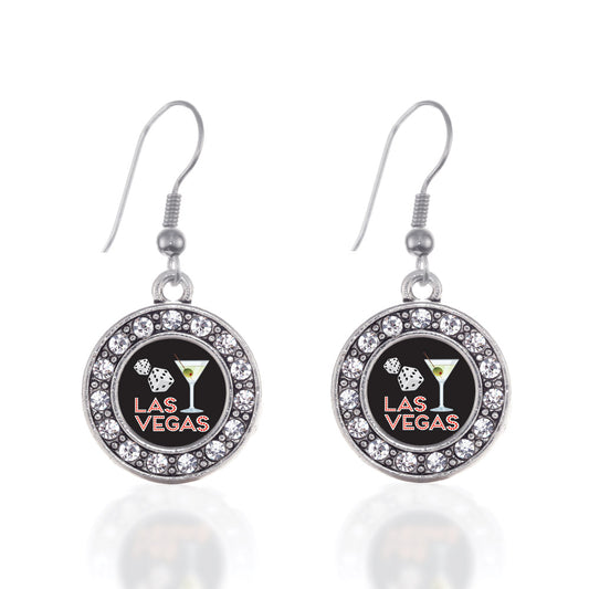 Silver Las Vegas Circle Charm Dangle Earrings