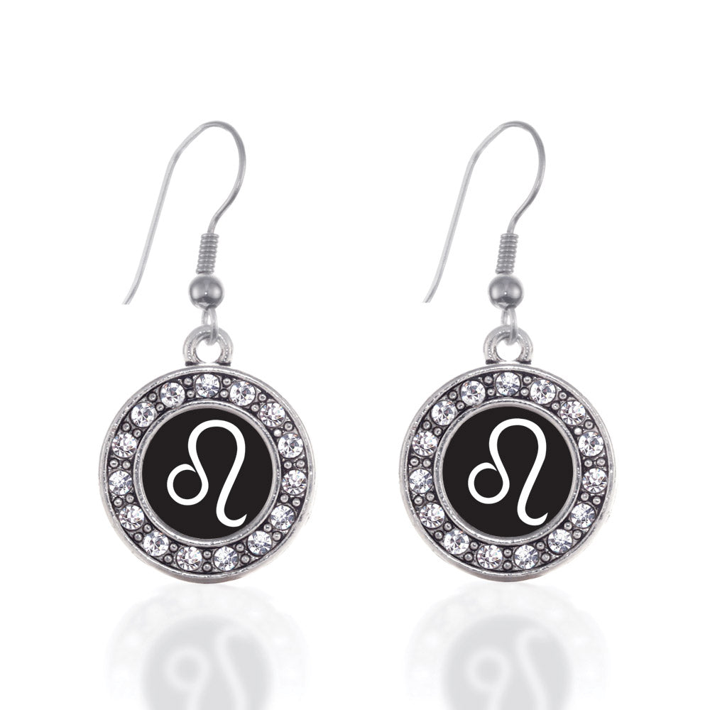 Silver Leo Zodiac Circle Charm Dangle Earrings