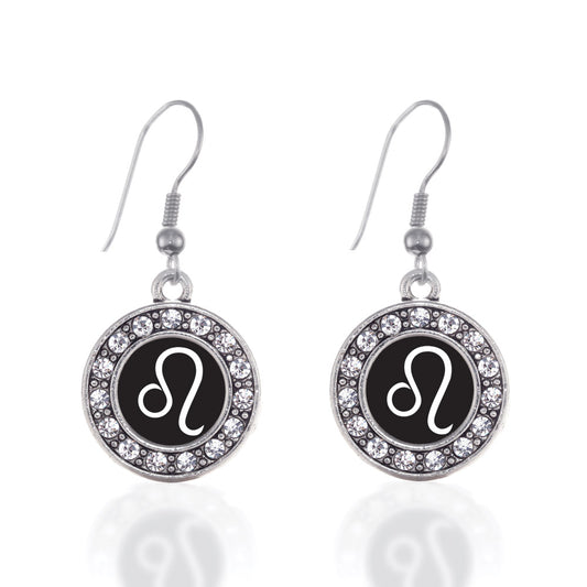 Silver Leo Zodiac Circle Charm Dangle Earrings