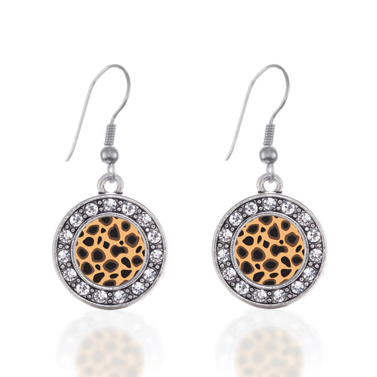 Silver Leopard Print Circle Charm Dangle Earrings