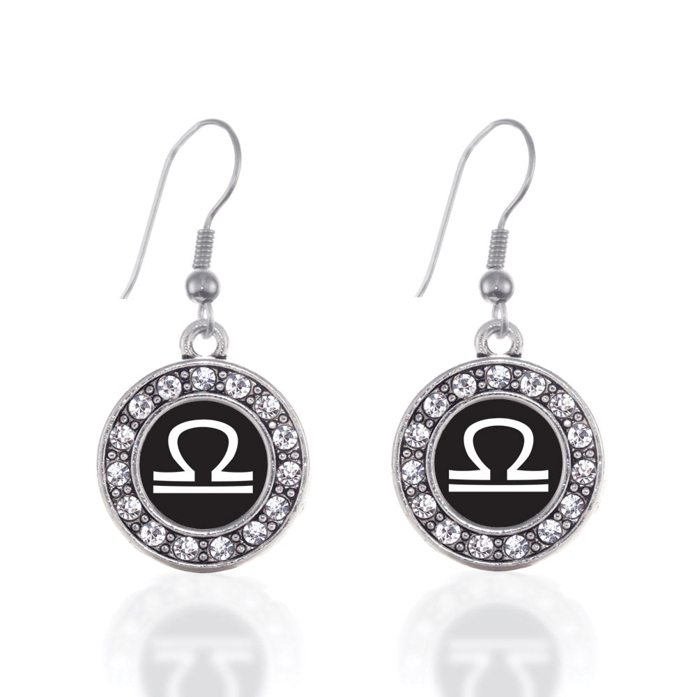 Silver Libra Zodiac Circle Charm Dangle Earrings