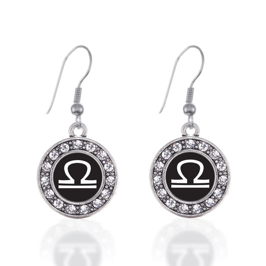 Silver Libra Zodiac Circle Charm Dangle Earrings