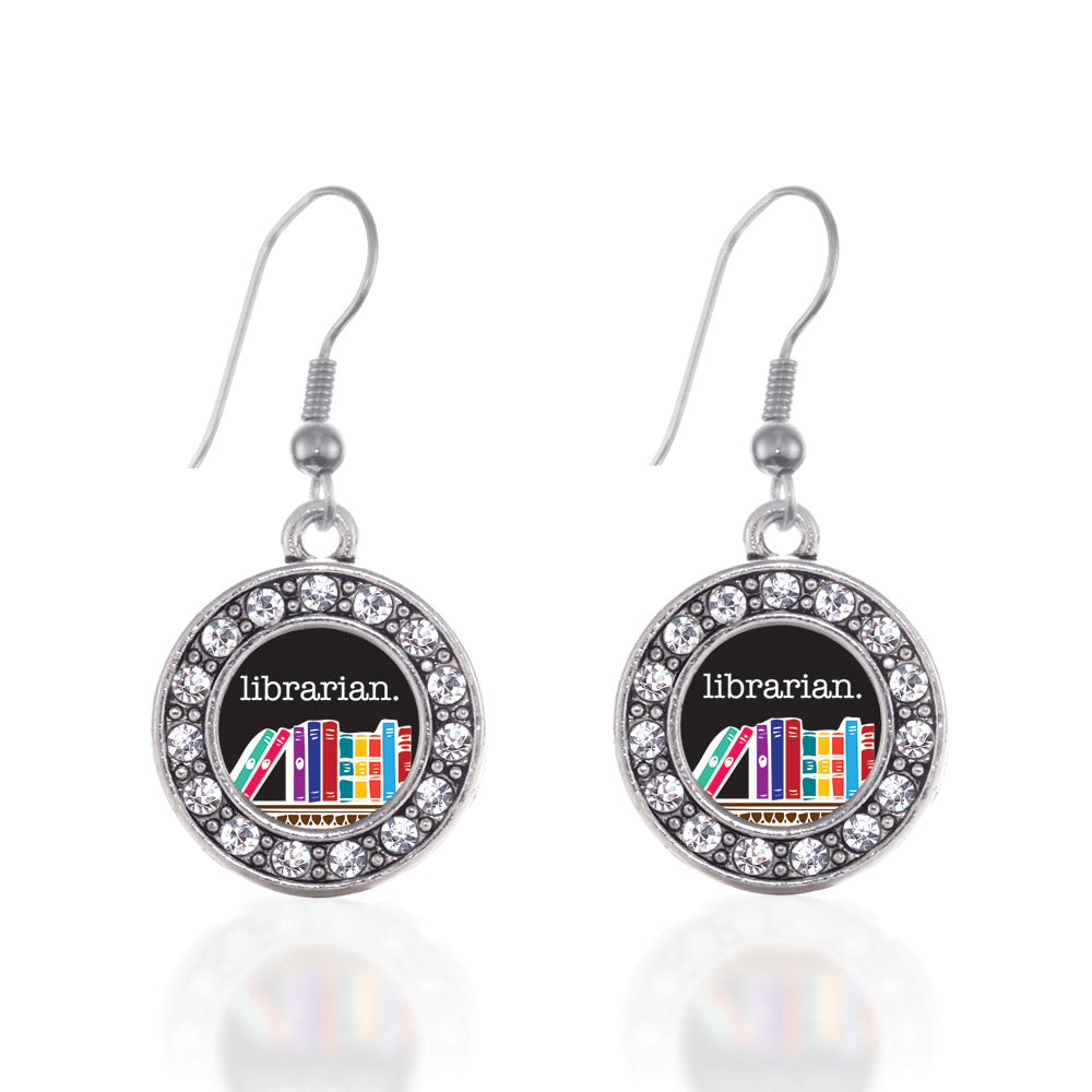 Silver Librarian Circle Charm Dangle Earrings