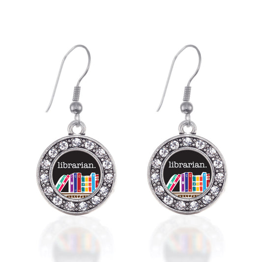 Silver Librarian Circle Charm Dangle Earrings