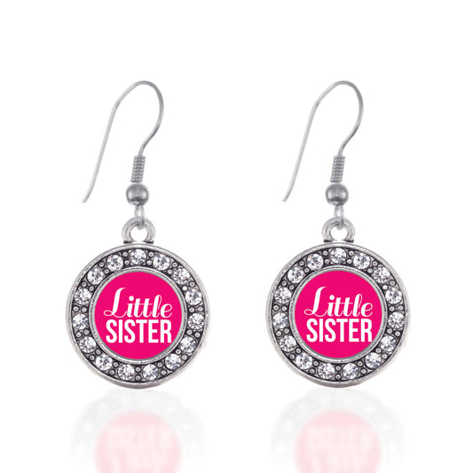 Silver Little Sister Circle Charm Dangle Earrings