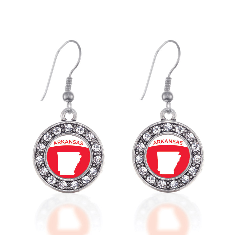 Silver Arkansas Outline Circle Charm Dangle Earrings