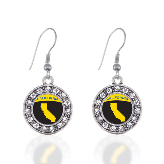 Silver California Outline Circle Charm Dangle Earrings