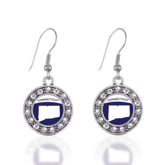 Silver Connecticut Outline Circle Charm Dangle Earrings