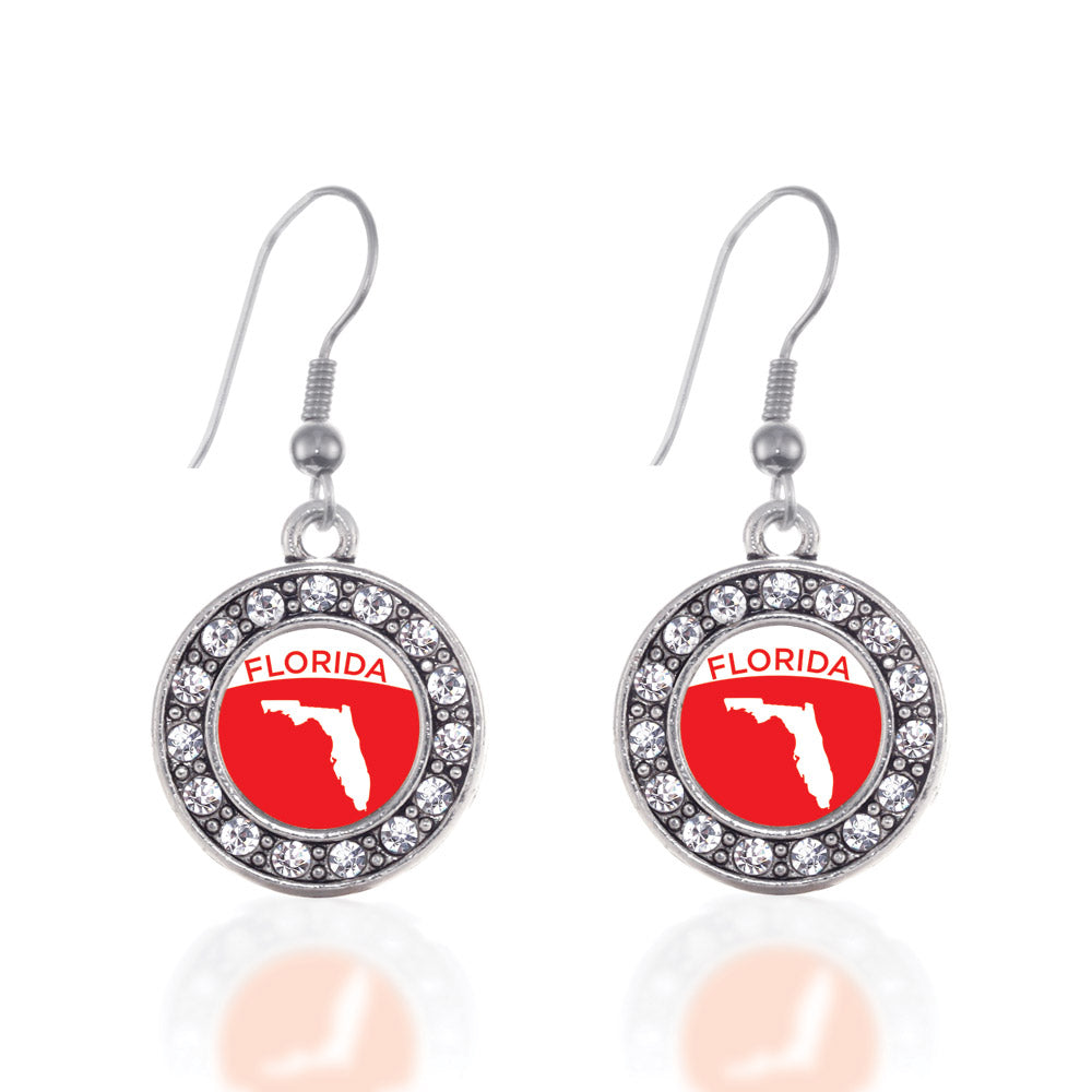 Silver Florida Outline Circle Charm Dangle Earrings
