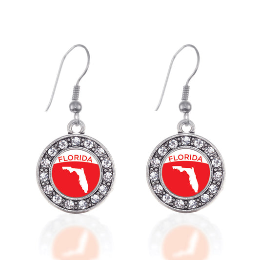 Silver Florida Outline Circle Charm Dangle Earrings