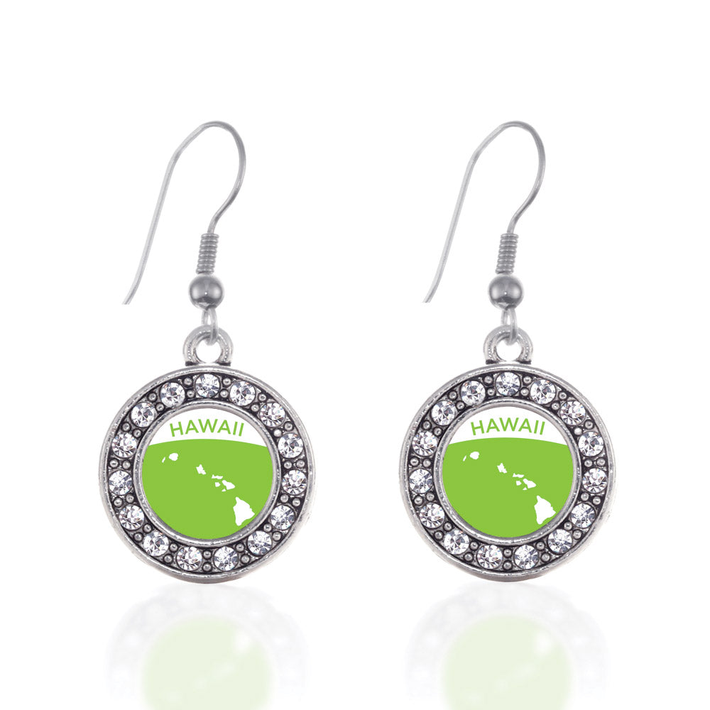 Silver Hawaii Outline Circle Charm Dangle Earrings