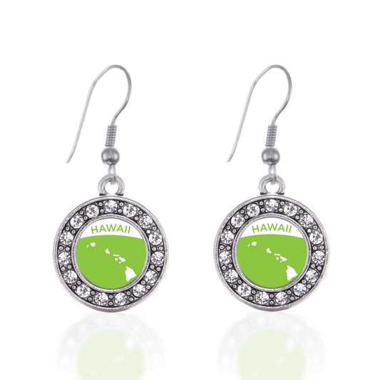 Silver Hawaii Outline Circle Charm Dangle Earrings