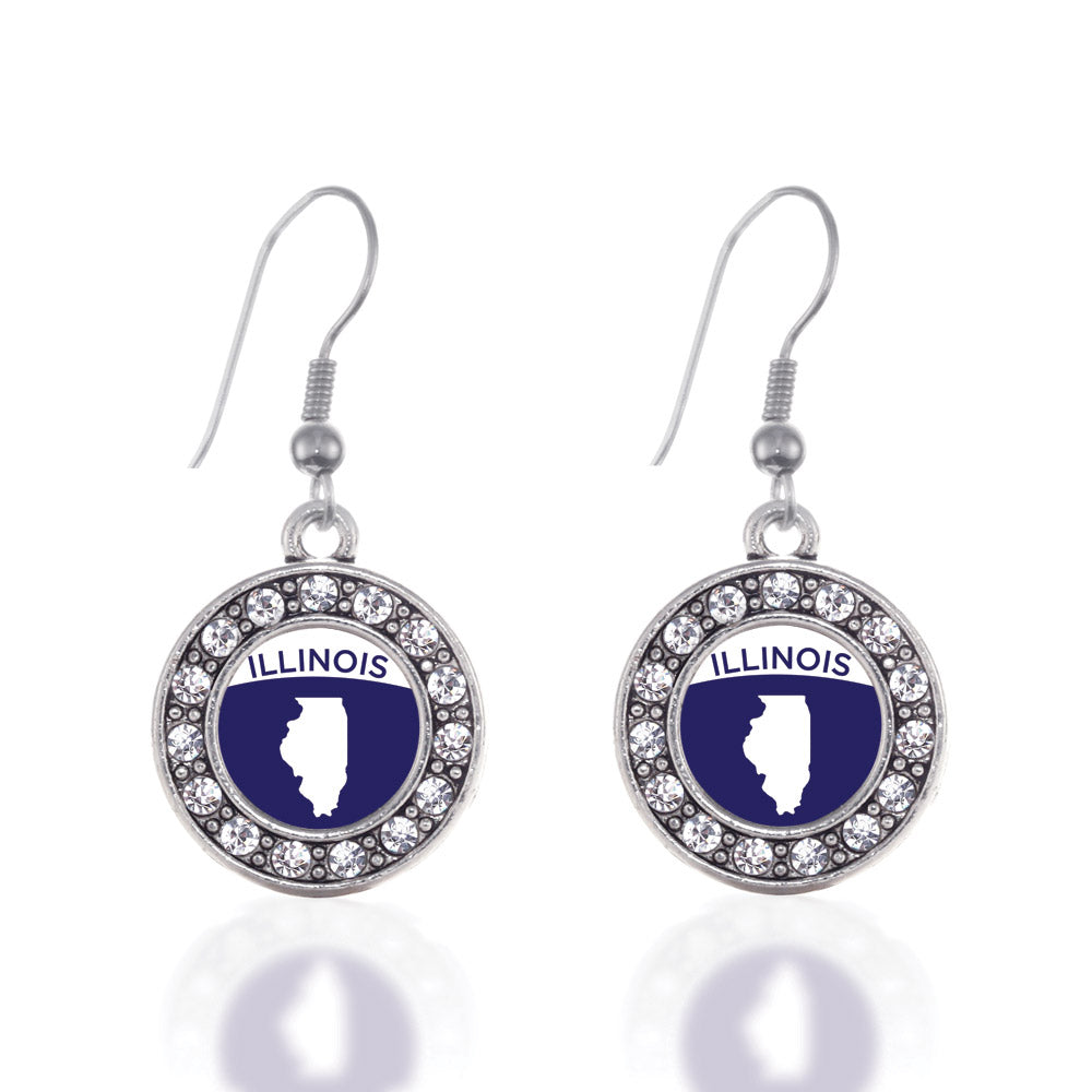 Silver Illinois Outline Circle Charm Dangle Earrings