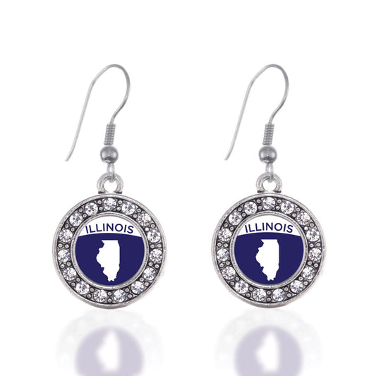 Silver Illinois Outline Circle Charm Dangle Earrings
