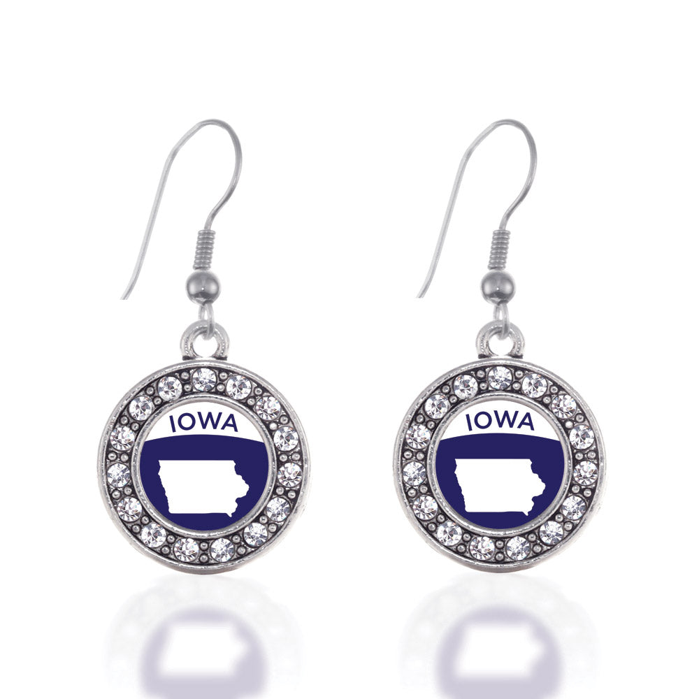 Silver Iowa Outline Circle Charm Dangle Earrings