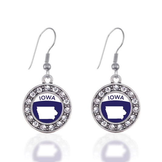 Silver Iowa Outline Circle Charm Dangle Earrings