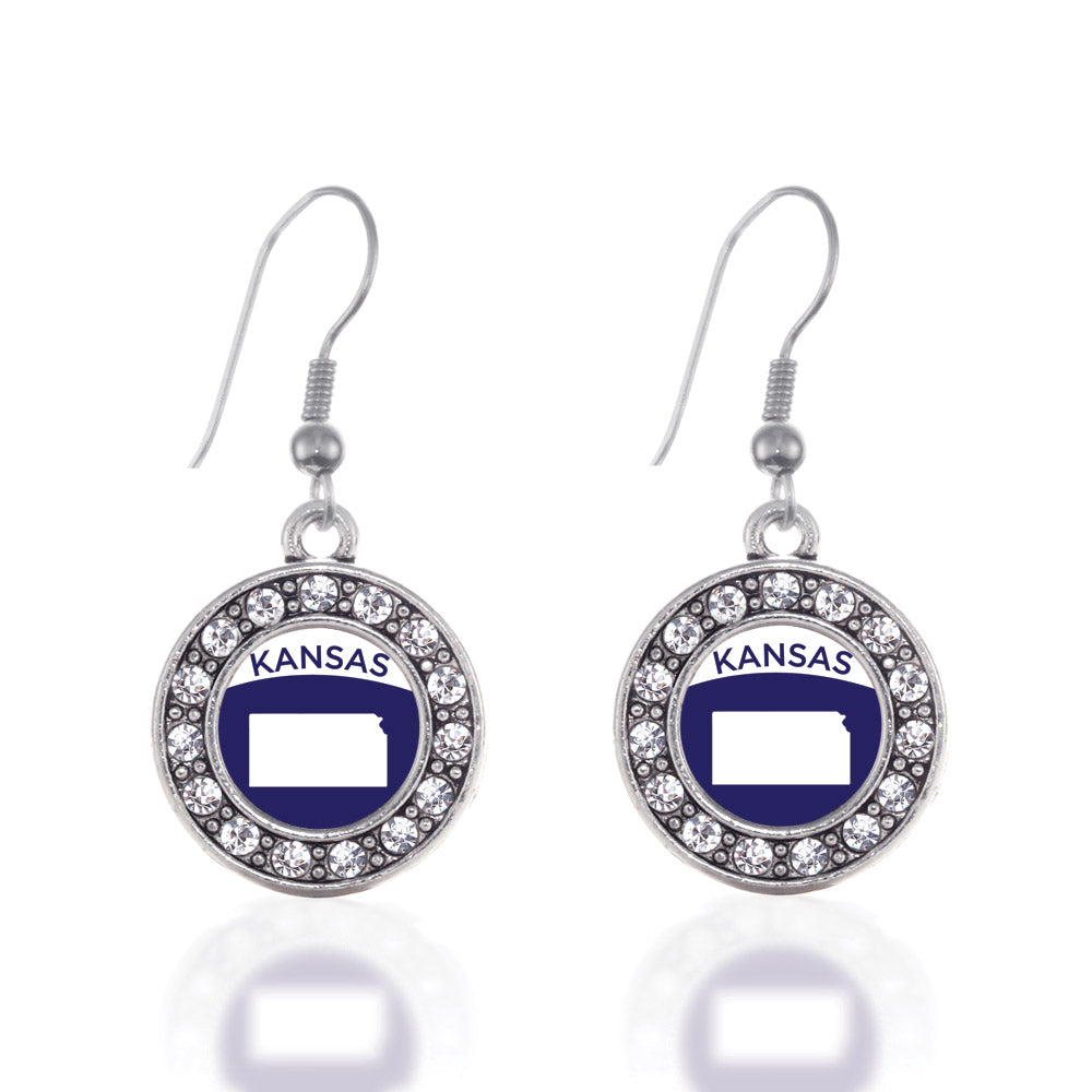 Silver Kansas Outline Circle Charm Dangle Earrings