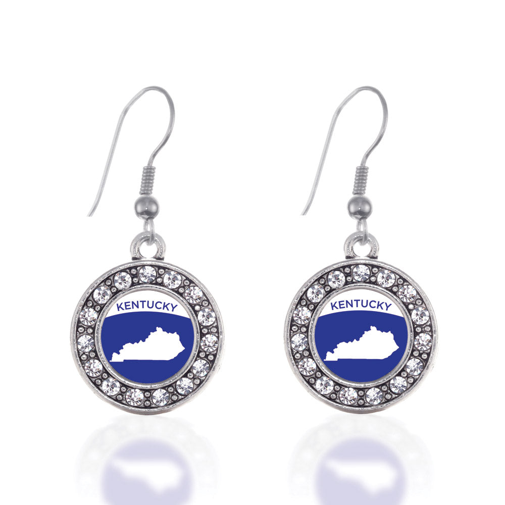 Silver Kentucky Outline Circle Charm Dangle Earrings