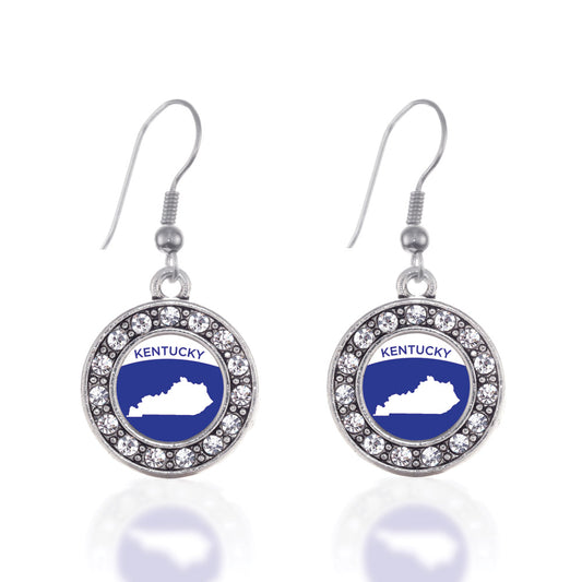 Silver Kentucky Outline Circle Charm Dangle Earrings