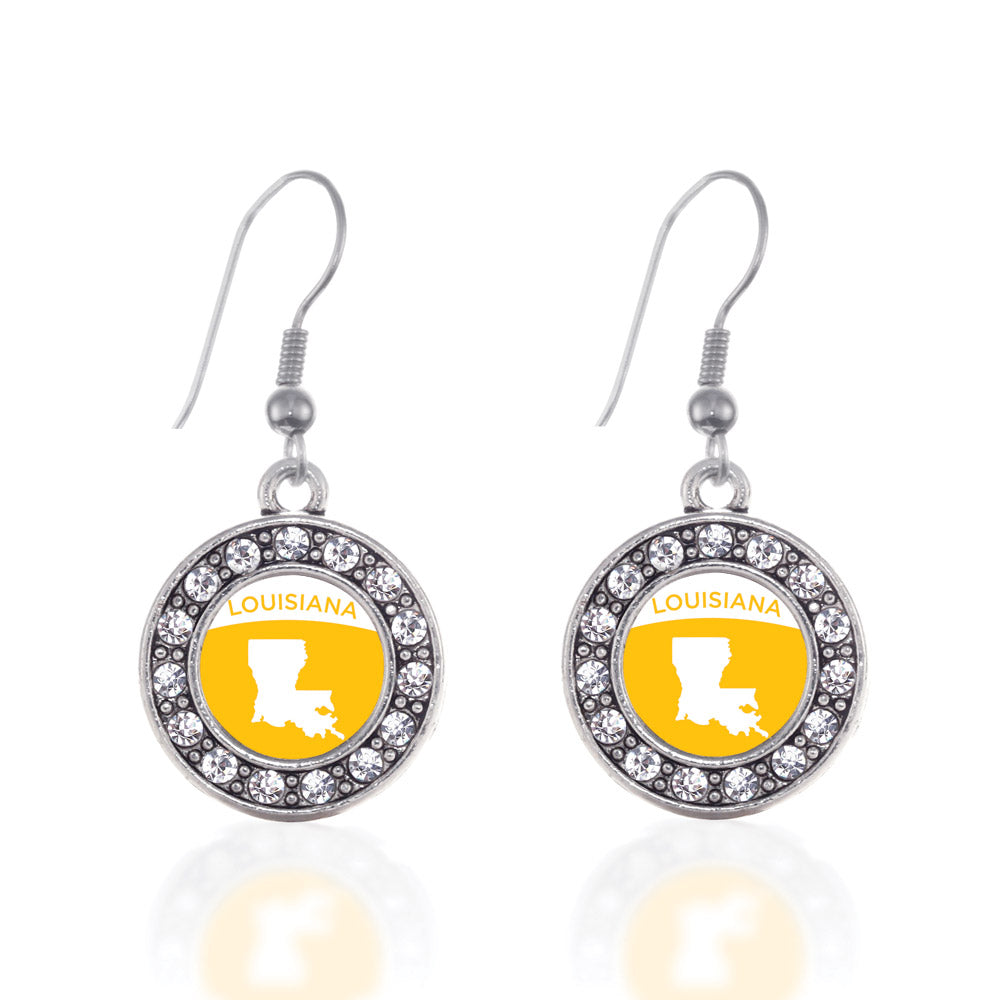 Silver Louisiana Outline Circle Charm Dangle Earrings