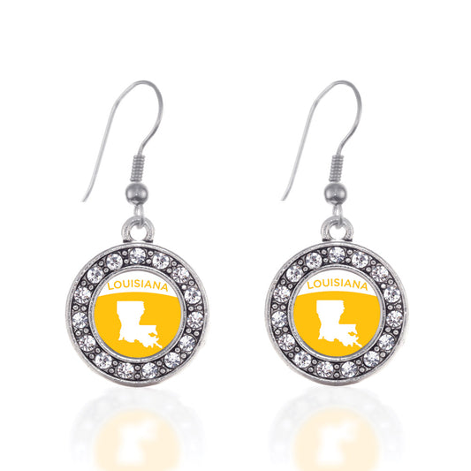 Silver Louisiana Outline Circle Charm Dangle Earrings