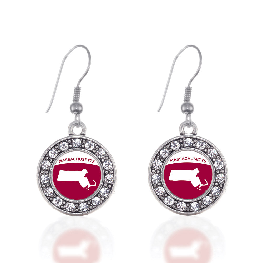 Silver Massachusetts Outline Circle Charm Dangle Earrings