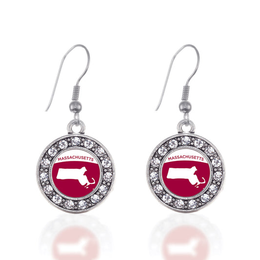 Silver Massachusetts Outline Circle Charm Dangle Earrings