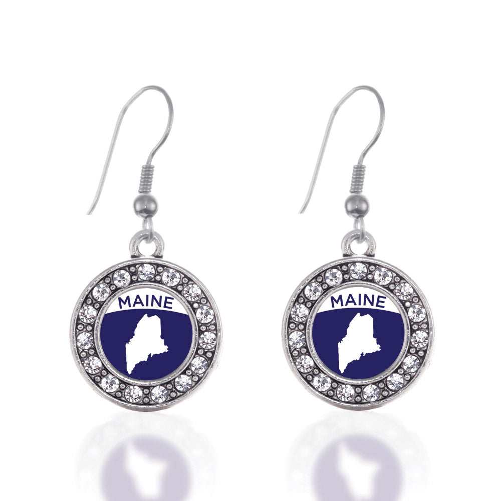 Silver Maine Outline Circle Charm Dangle Earrings