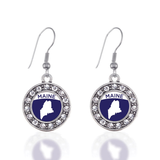 Silver Maine Outline Circle Charm Dangle Earrings