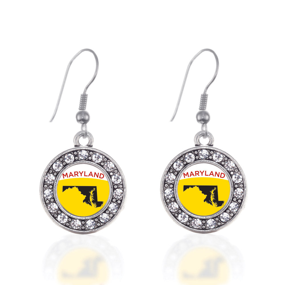Silver Maryland Outline Circle Charm Dangle Earrings