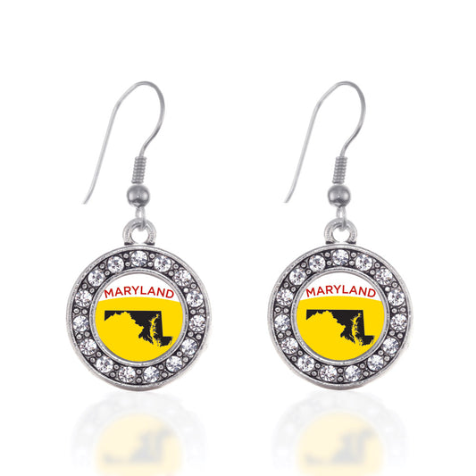 Silver Maryland Outline Circle Charm Dangle Earrings