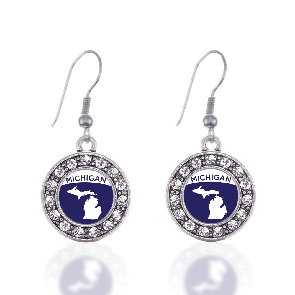 Silver Michigan Outline Circle Charm Dangle Earrings