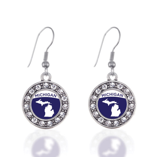 Silver Michigan Outline Circle Charm Dangle Earrings