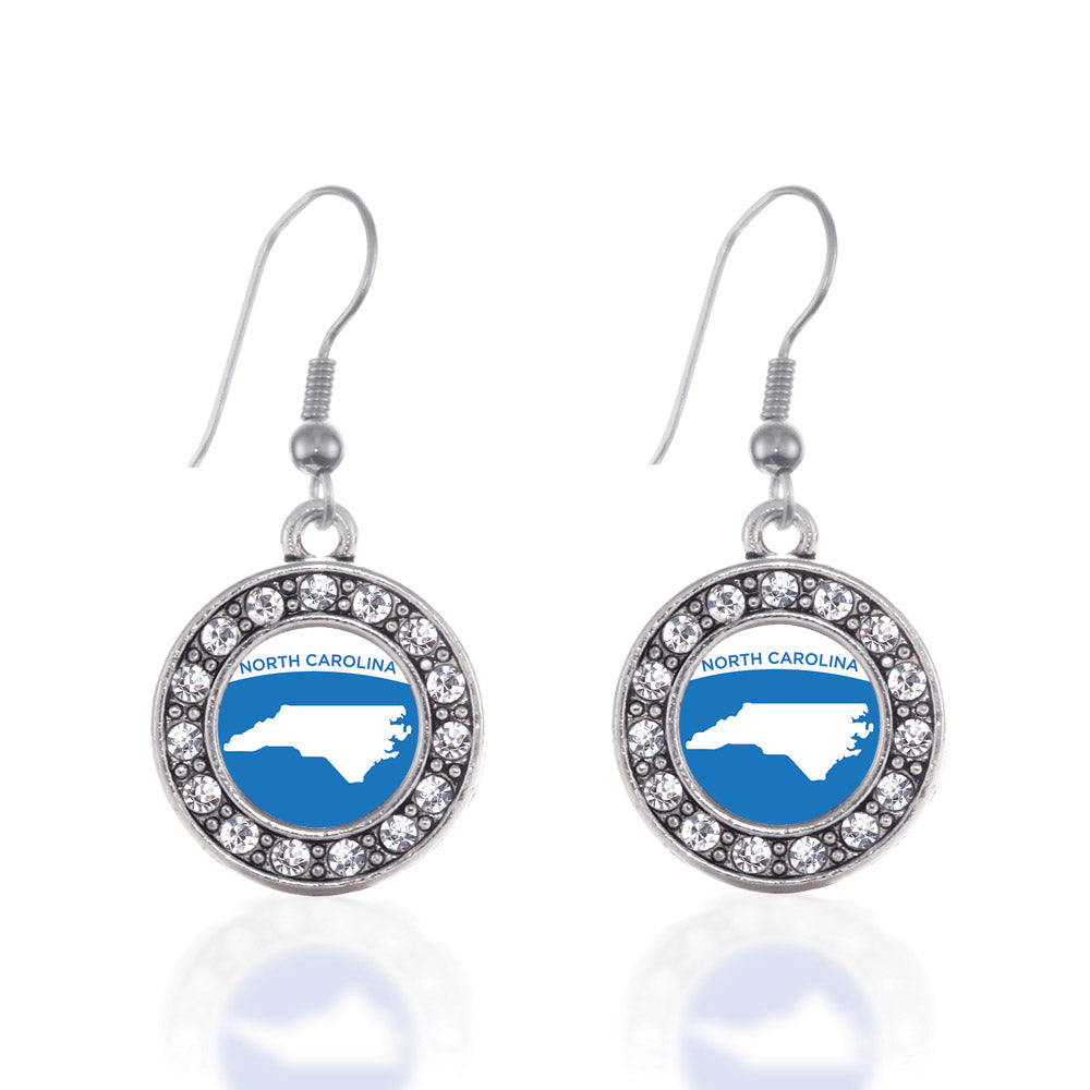 Silver North Carolina Outline Circle Charm Dangle Earrings