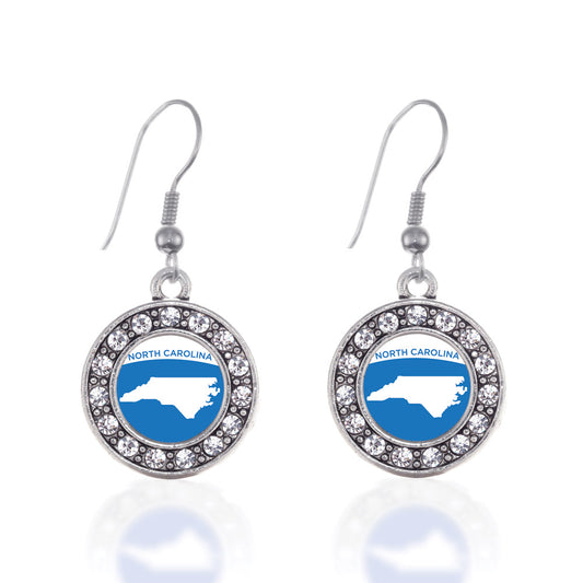 Silver North Carolina Outline Circle Charm Dangle Earrings