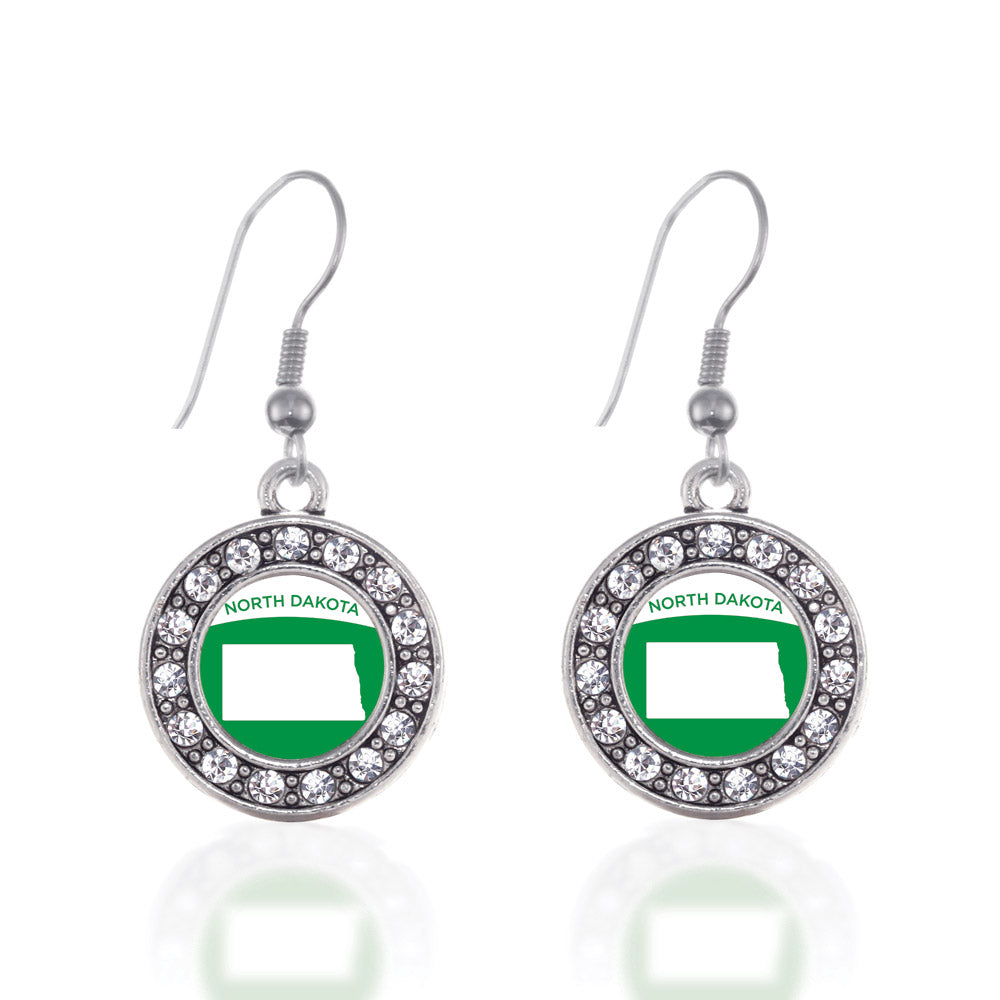 Silver North Dakota Outline Circle Charm Dangle Earrings