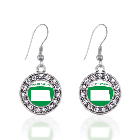 Silver North Dakota Outline Circle Charm Dangle Earrings