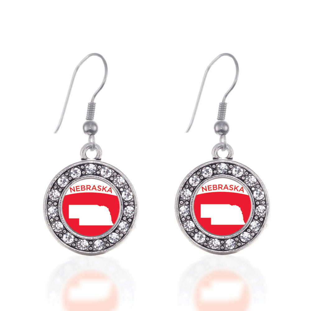 Silver Nebraska Outline Circle Charm Dangle Earrings