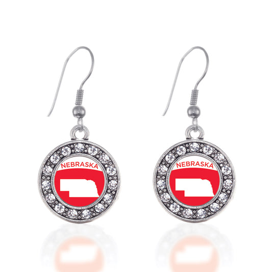 Silver Nebraska Outline Circle Charm Dangle Earrings