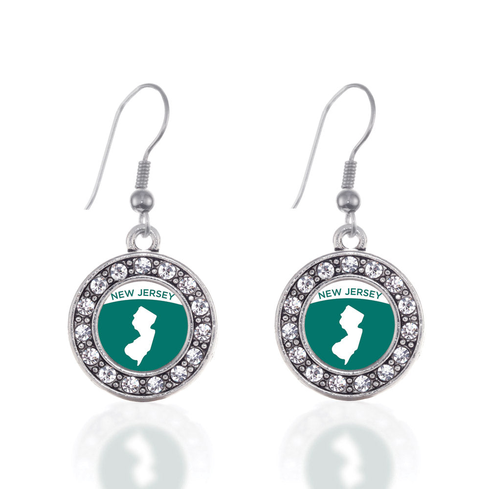Silver New Jersey Outline Circle Charm Dangle Earrings
