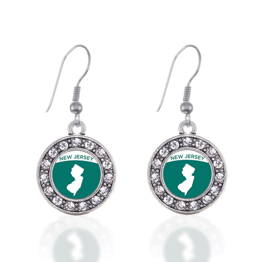 Silver New Jersey Outline Circle Charm Dangle Earrings