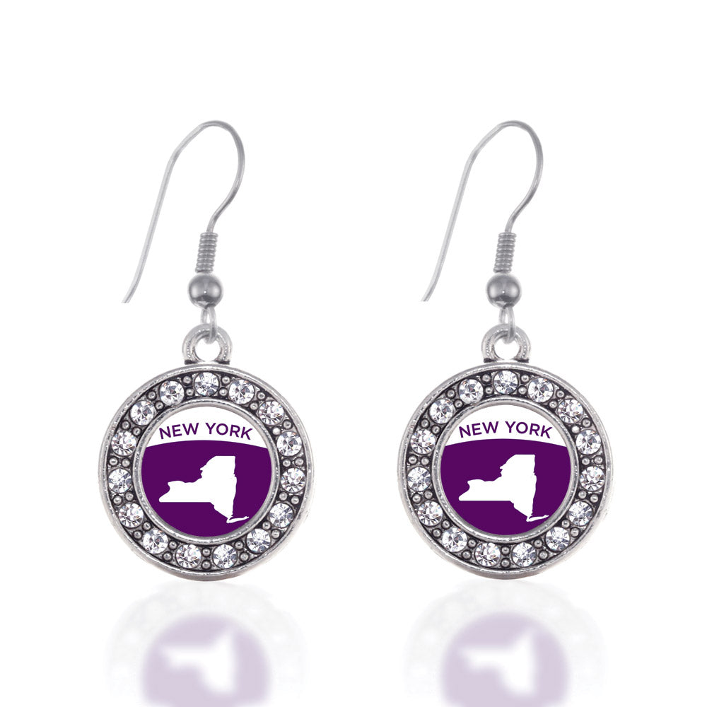 Silver New York Outline Circle Charm Dangle Earrings