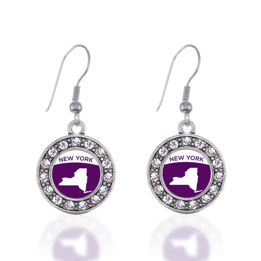 Silver New York Outline Circle Charm Dangle Earrings
