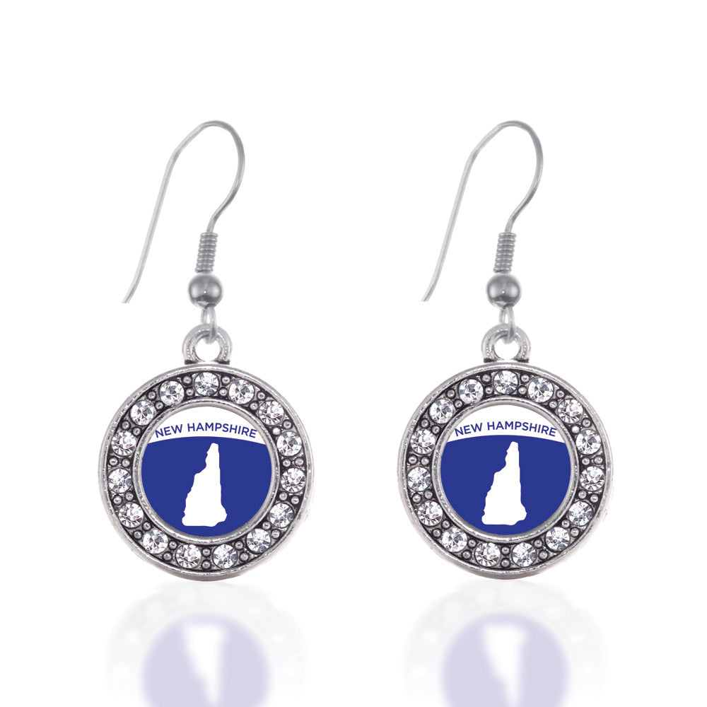 Silver New Hampshire Outline Circle Charm Dangle Earrings