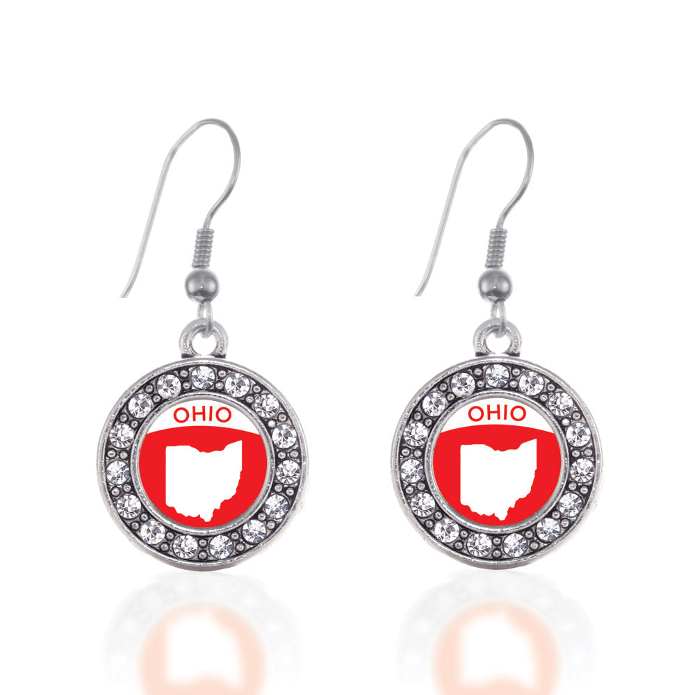Silver Ohio Outline Circle Charm Dangle Earrings